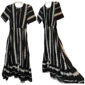 Paris Boho Embroidery Black Cotton Blend Midi Dress Fairy Cottage T.U One Size